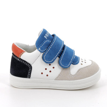 Sneakers da bambino bianco e celeste con strap