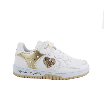 Sneakers da bambina bianco e platino con strap